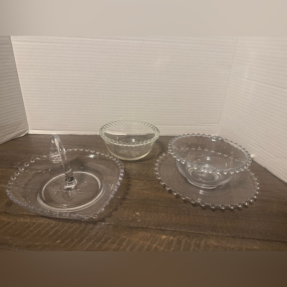 Vtg. Candlewick heart shaped candy dish and 2 bowls with plate